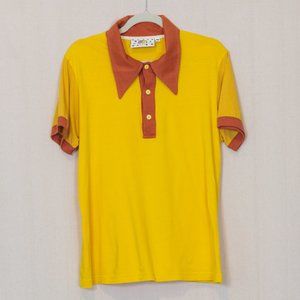 Big Bud Press unisex polo: yellow, tan sleeves, brick red collar/cuffs; size M